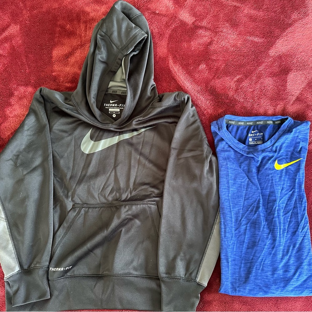 Nike boys Therma Fit hoody black, Dry Fit tshirt royal blue, size M, xlnt cond
